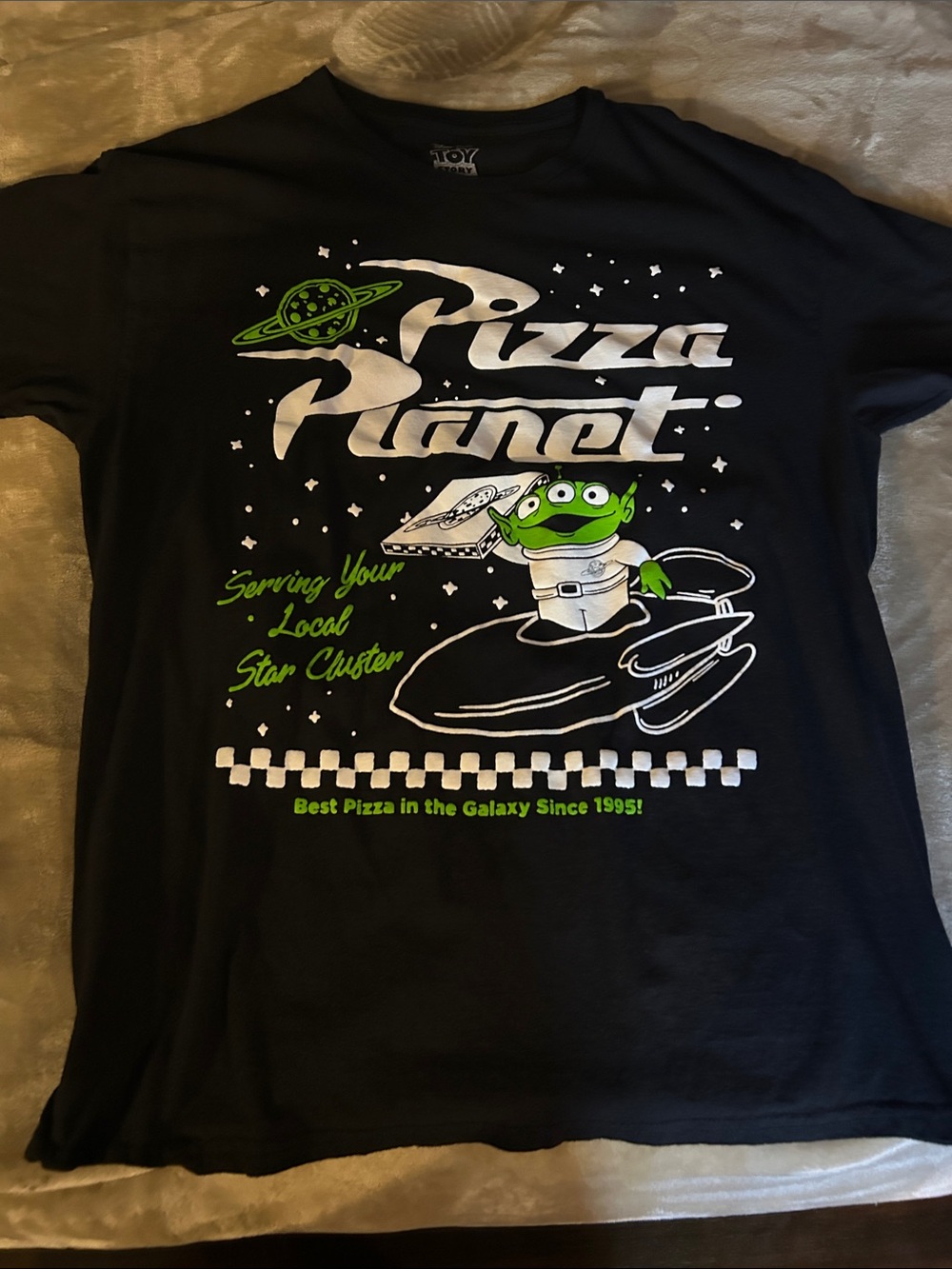 Pizza Planet Graphic Tee - Black with Green & White Print